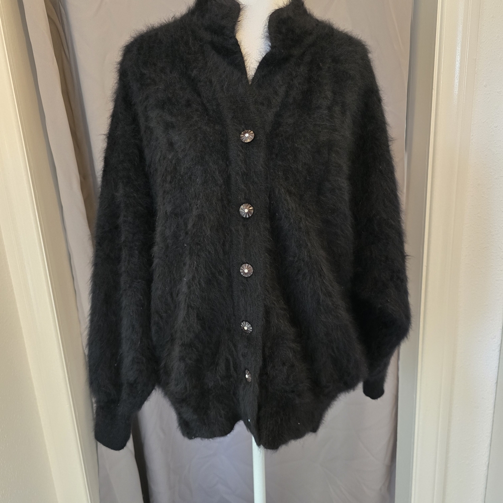 VINTAGE  elegant Black Women's Button Up Cardigan Sweater, Angora